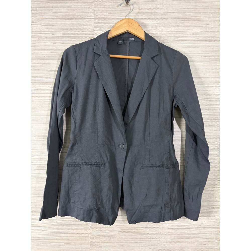 Eileen Fisher Blazer Jacket Womens Petite 6P Gray Linen Blend Single Breasted
